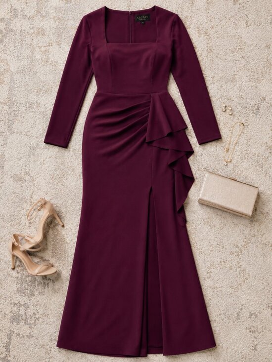 Xscape Dresses & Skirts - Xscape Plus Size Wine Scuba Square Neck Ruffle Side Gown NWT